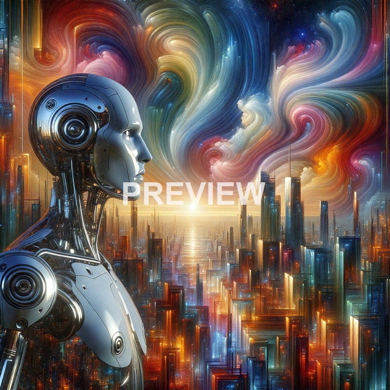 A futuristic humanoid robot with a metallic face and exposed mechanical parts gazes toward a vibrant, swirling sky above a cityscape of tall, illuminated skyscrapers at sunset.